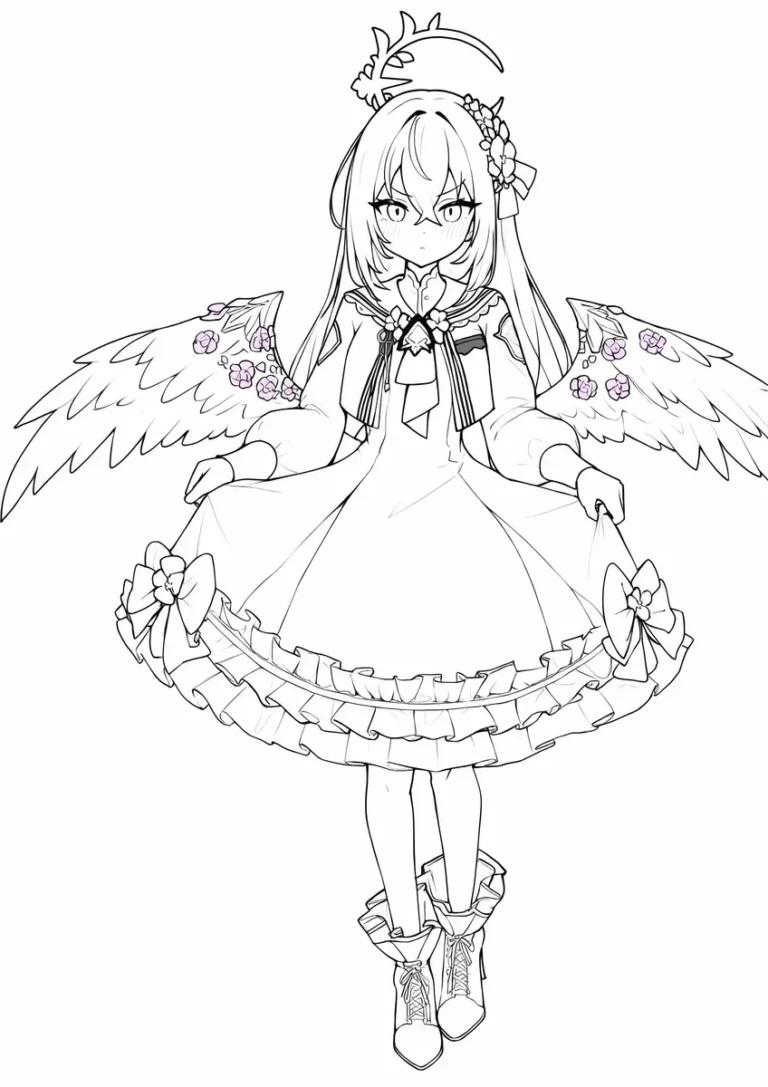 Monochrome line art of Azusa from Blue Archive with wings, standing in a dress and holding a skirt on a white background.