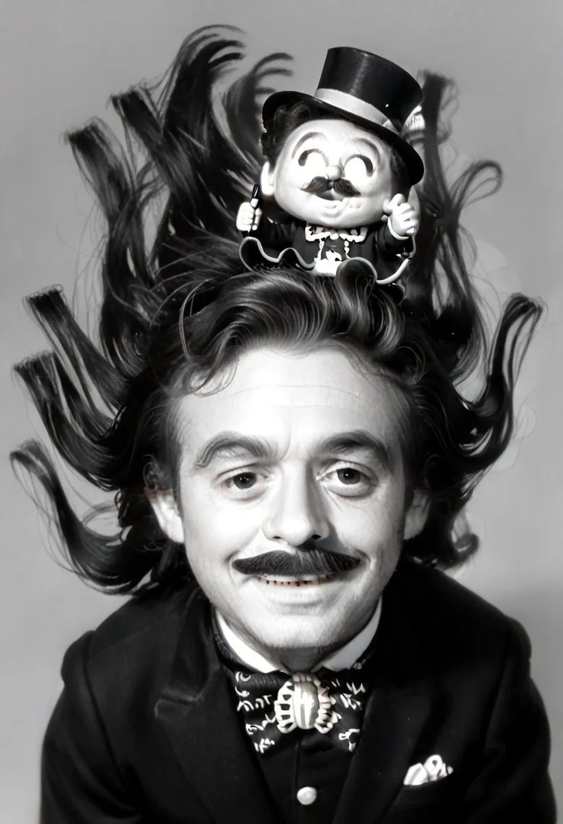 Black and white photo of a smiling man with long floating hair and a tiny man with a mustache and top hat on his head.