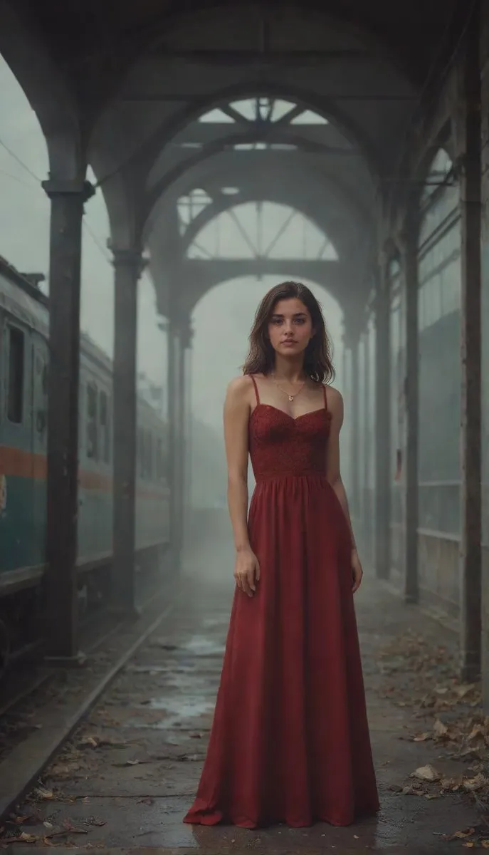 A beautiful girl in a dark red dress at an abandoned train station with fog, captured in a cinematic style.