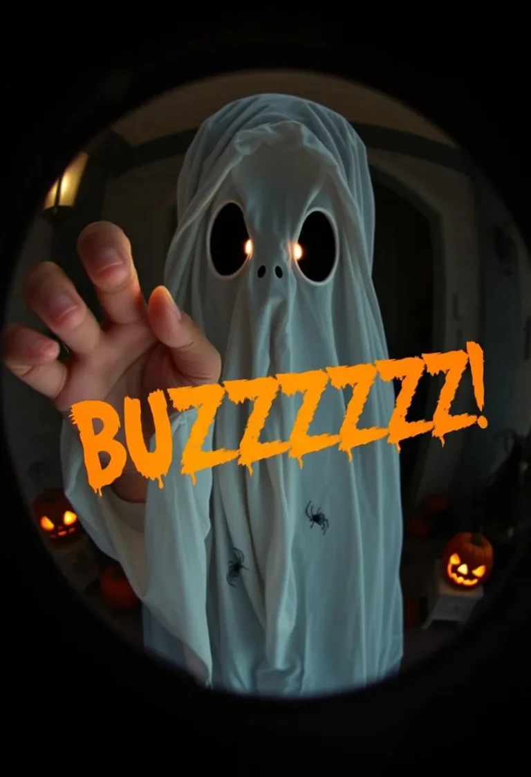 First-person peephole view of a bedsheet ghost with glowing eyes and an extended hand, surrounded by jack-o-lanterns and eerie shadows, with 'BUZZZZZZ' in orange font.