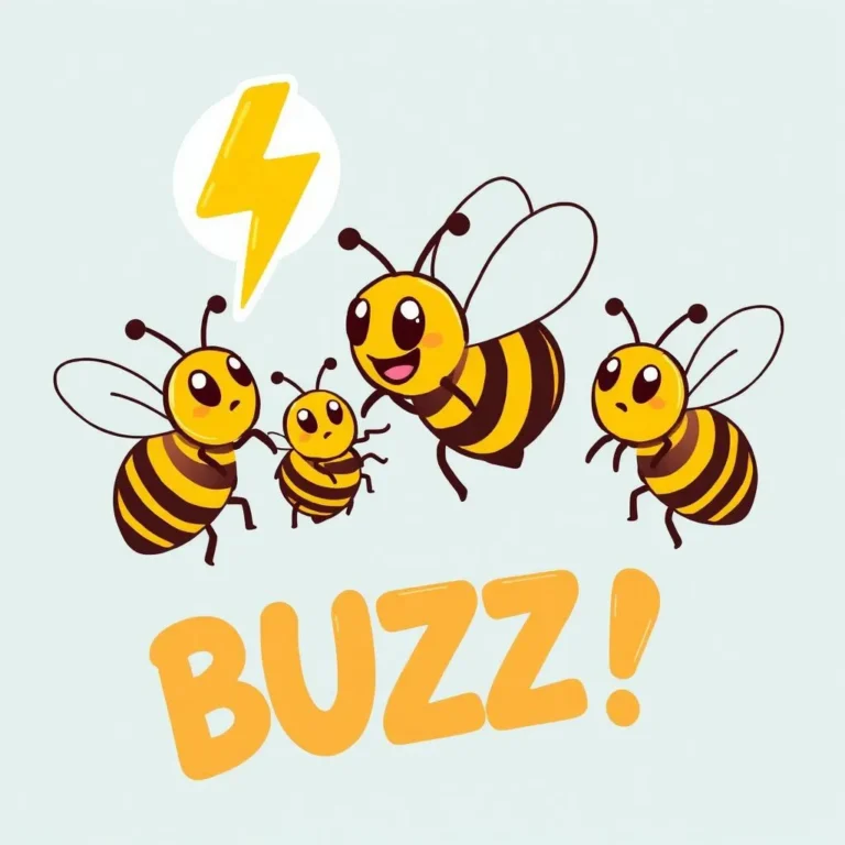 黄色の稲妻の近くにいる漫画の蜂と太字の'BUZZ!'という言葉。