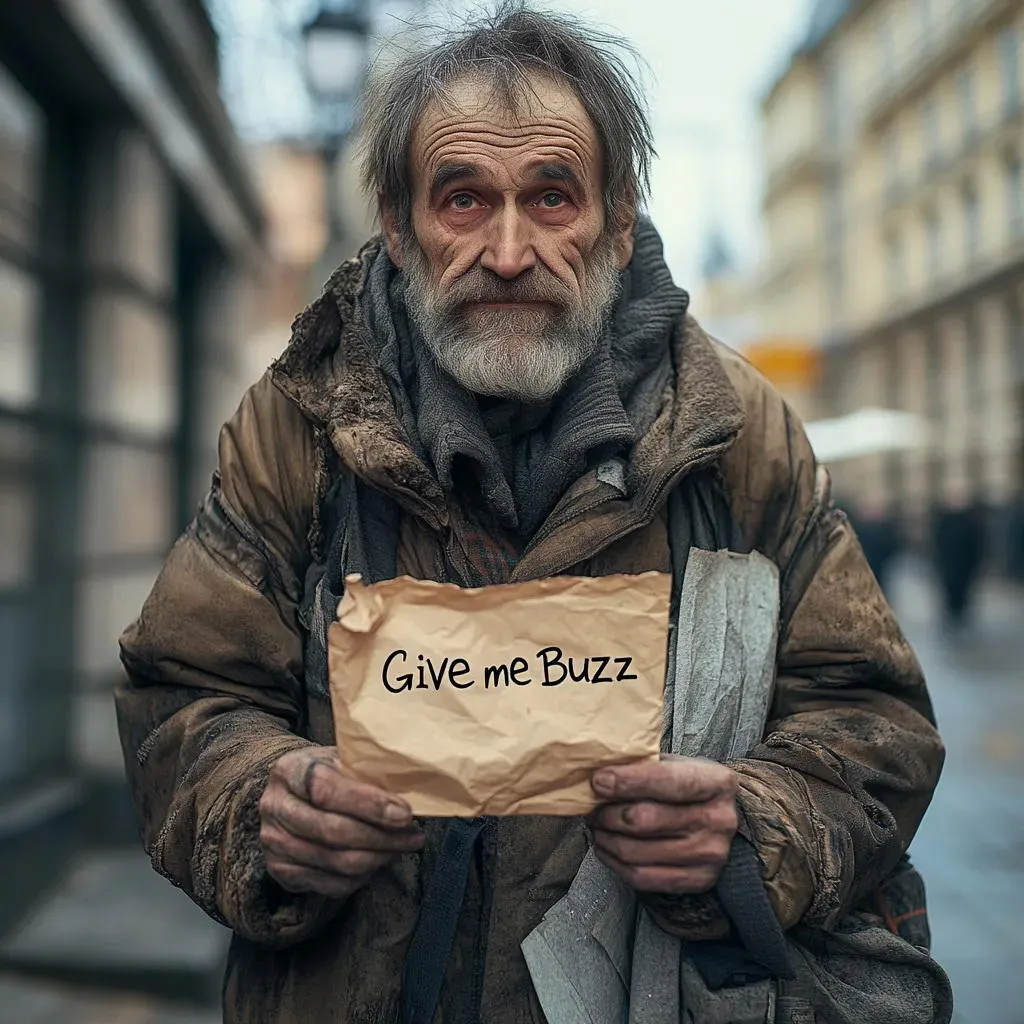 A man holding a sign that reads 'give me buzz' in a city street.