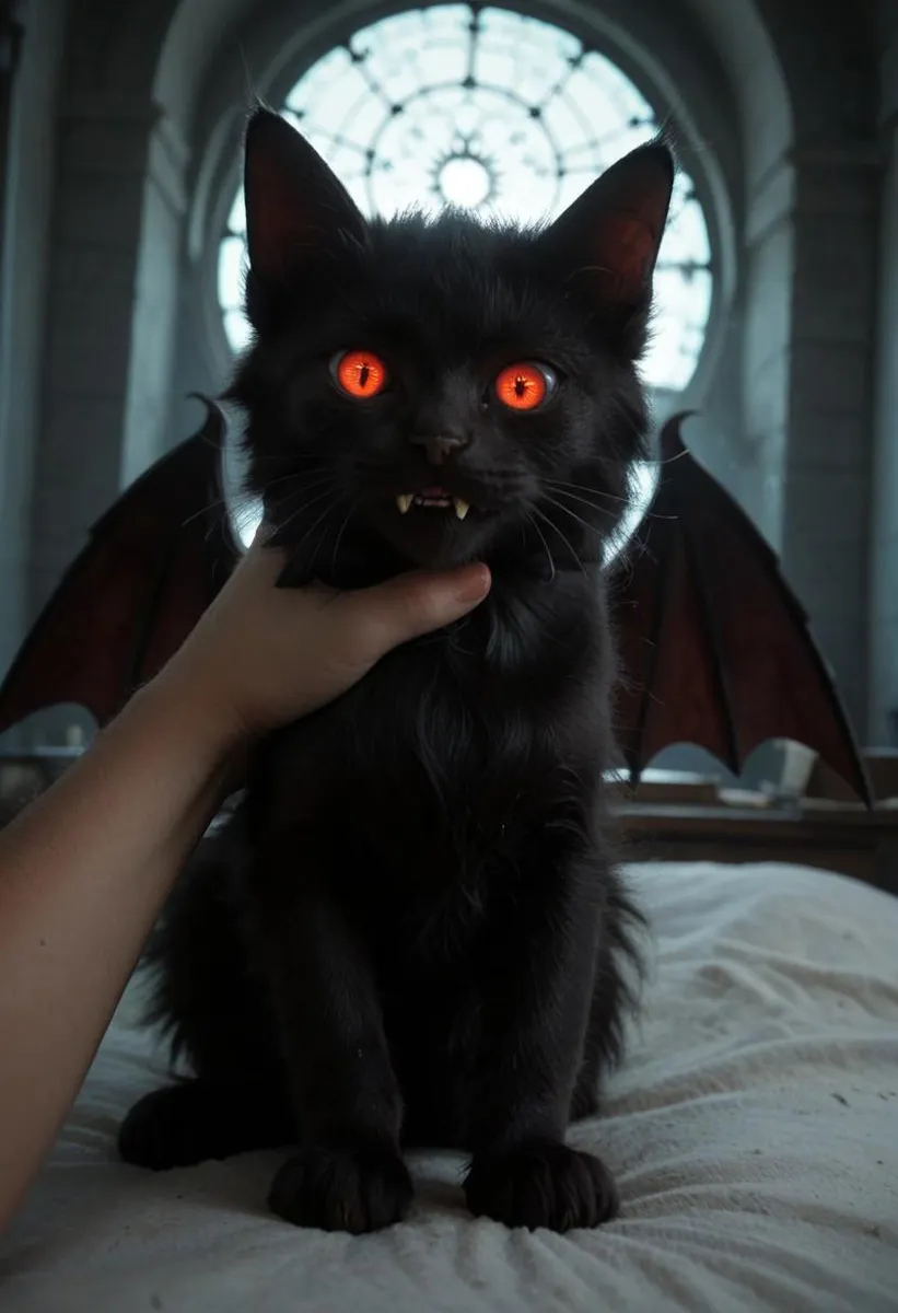 A black cat with bat wings and glowing red eyes in a witch laboratory setting, looking at the viewer with a cozy, cinematic atmosphere.