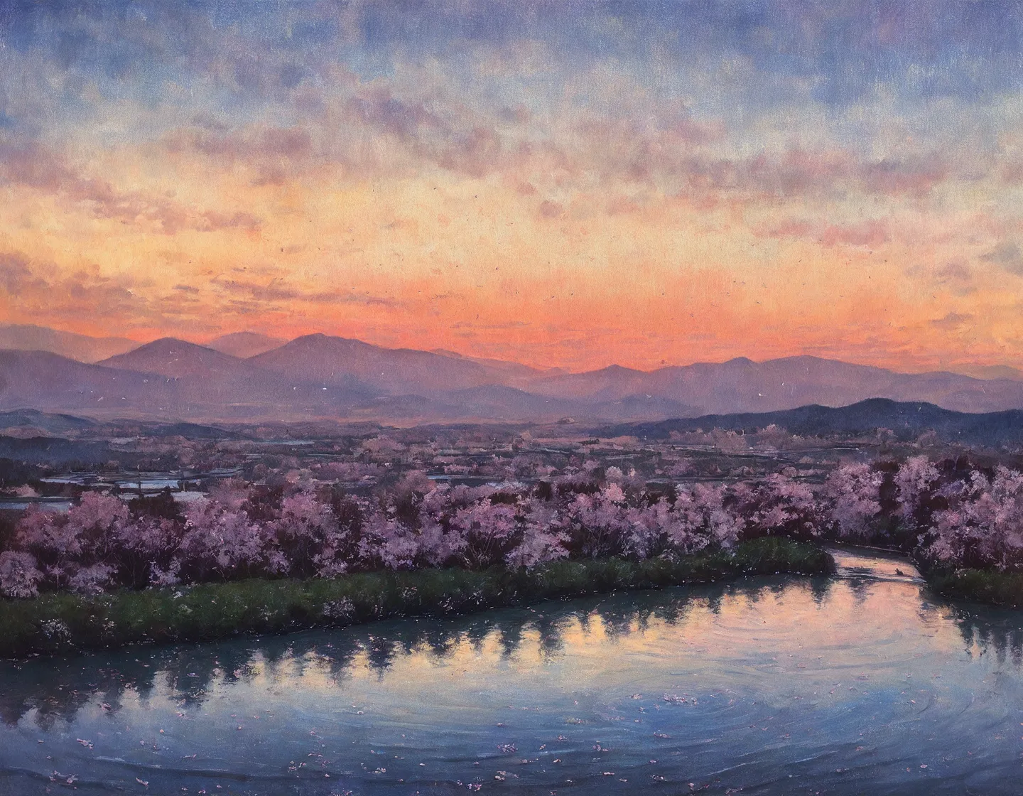 夕焼けの山と川沿いに咲く桜の油絵。