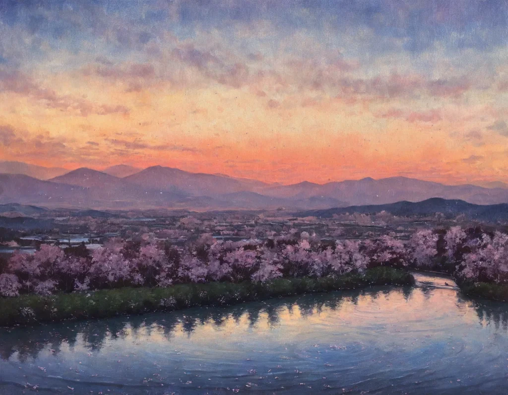 Oil painting of cherry blossoms by a river with mountains at sunset.