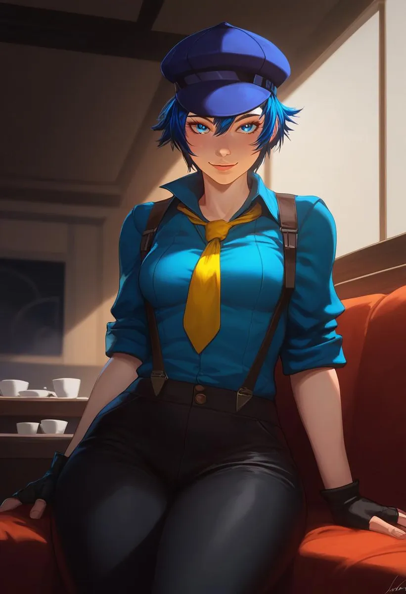 Illustration of a woman with blue hair and a cabbie hat, sitting seductively in a cafe wearing a blue shirt, yellow necktie, and suspenders.