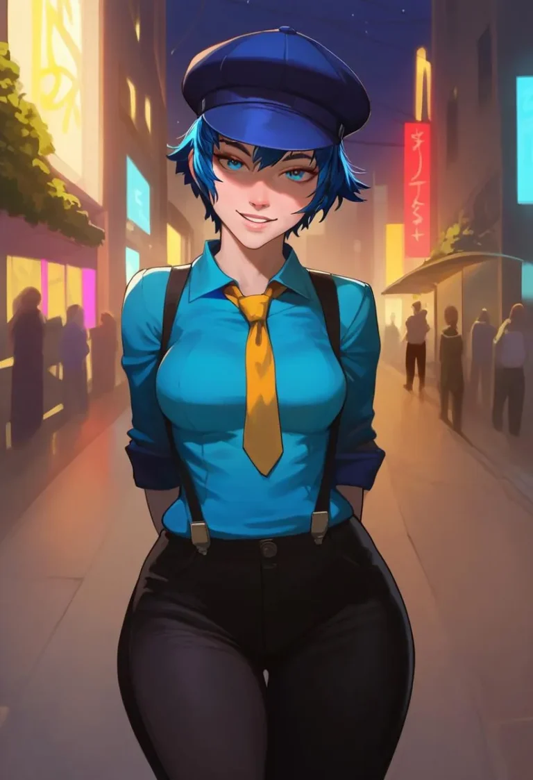 Seductive female with blue hair in city street at night.