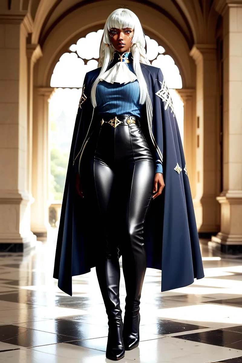 Dark-skinned female with white hair and black cape in a grand hallway.