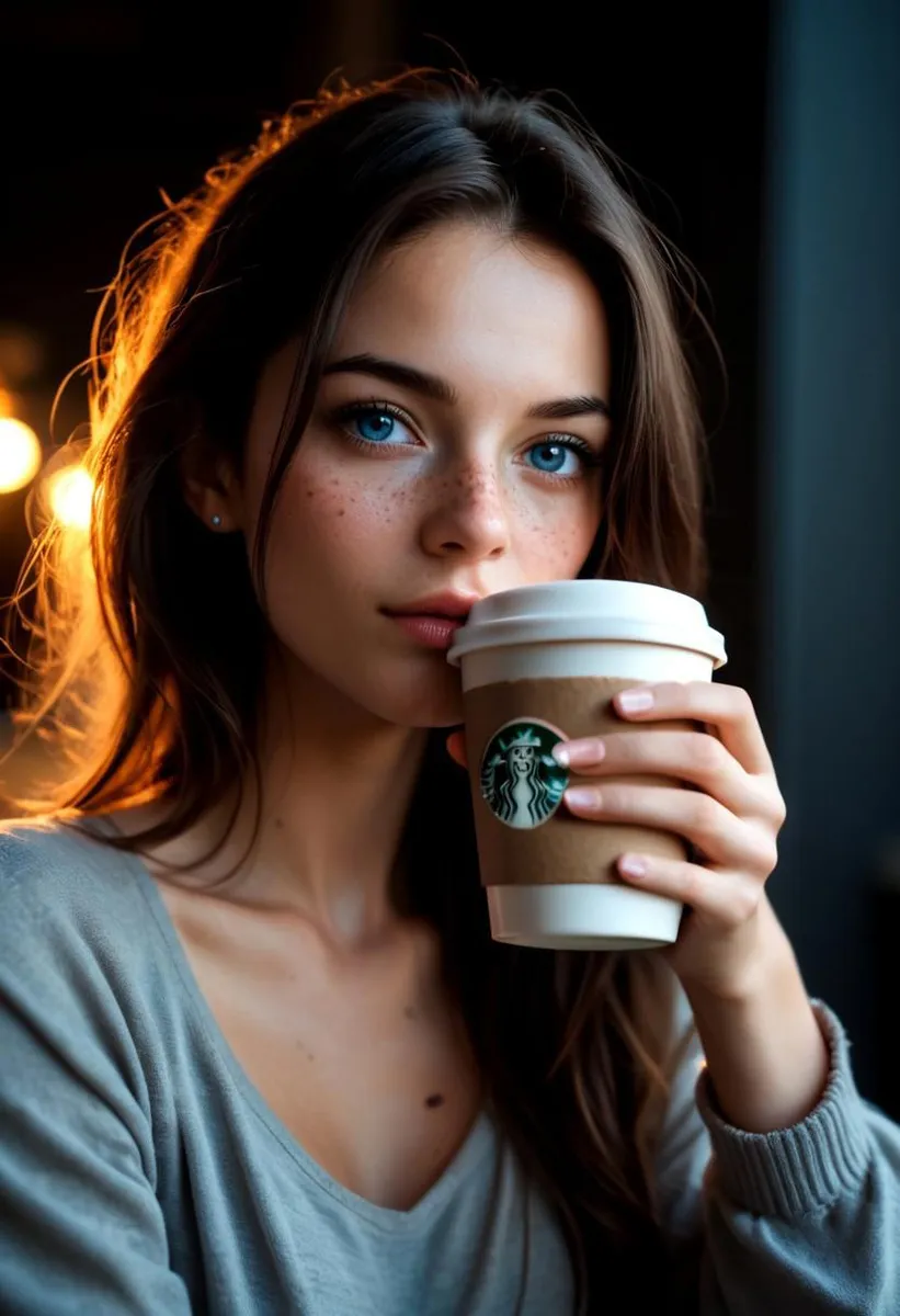 Brunette woman with freckles and blue eyes holding a coffee cup, set against a dark background with cinematic lighting.