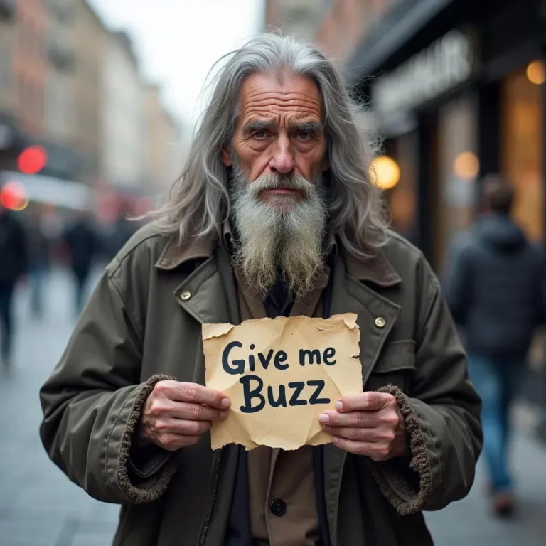 Old man with a long beard holding a 'Give me Buzz' cardboard sign in an urban street.