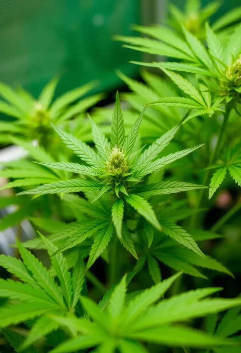 Close-up of lush green cannabis plants in growth phase.