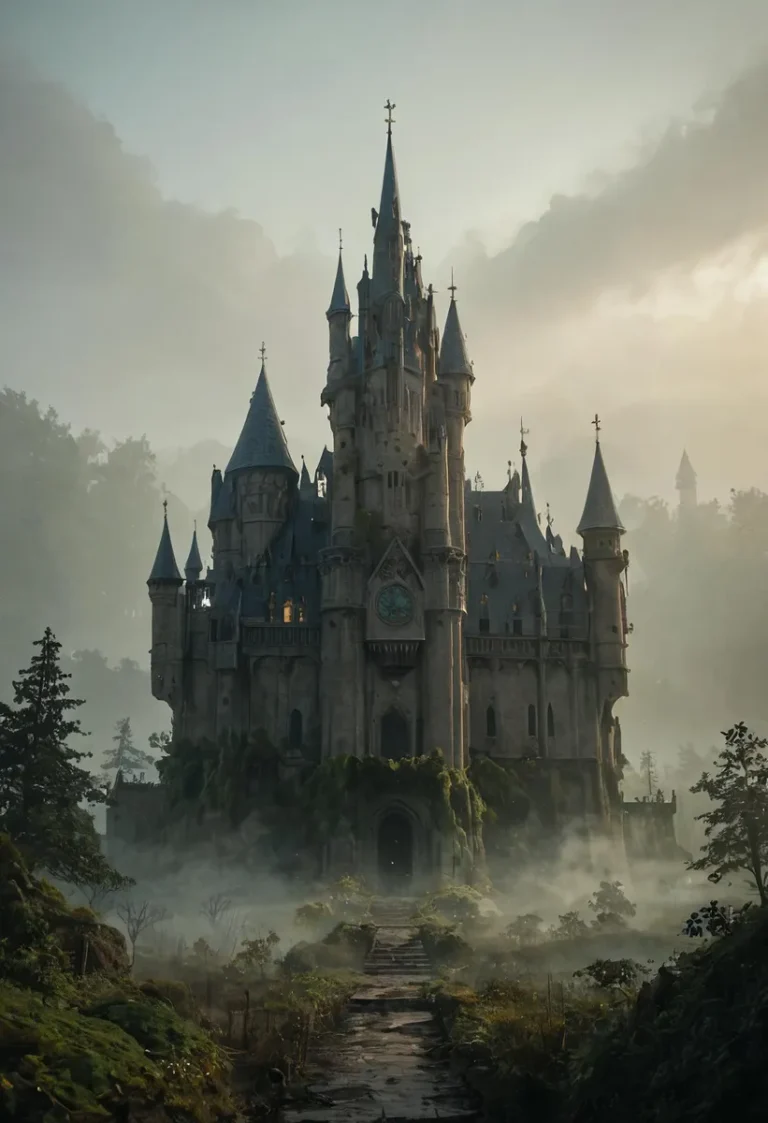 A vast, mysterious castle surrounded by fog and mist, highlighted with rim lighting and film grain in a dark fantasy setting.