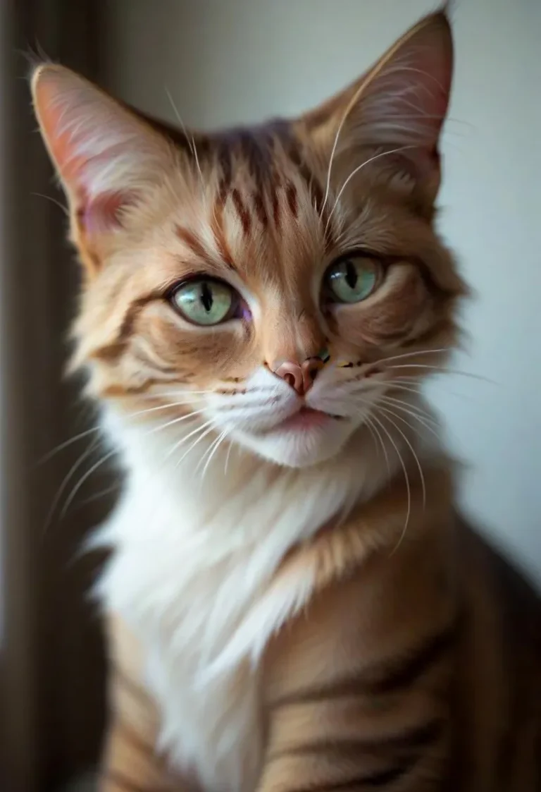 A close-up portrait of a cat with green eyes and detailed fur.