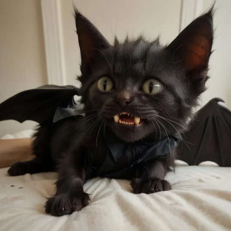 A cute black cat with bat wings lying on a surface, fangs visible and an angry expression, viewed from a dutch angle.