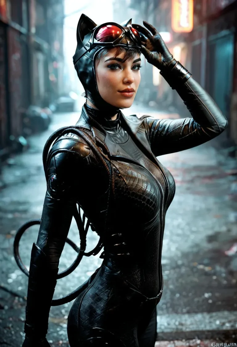 A realistic portrait of Catwoman in a neon-lit city alley at night, wearing a bodysuit and goggles on her head with a focused expression.