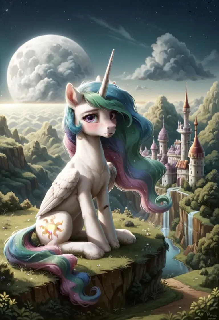 Princess Celestia, a winged pony, sits shyly on a cliff by moonlight. Canterlot castle is visible in the background.