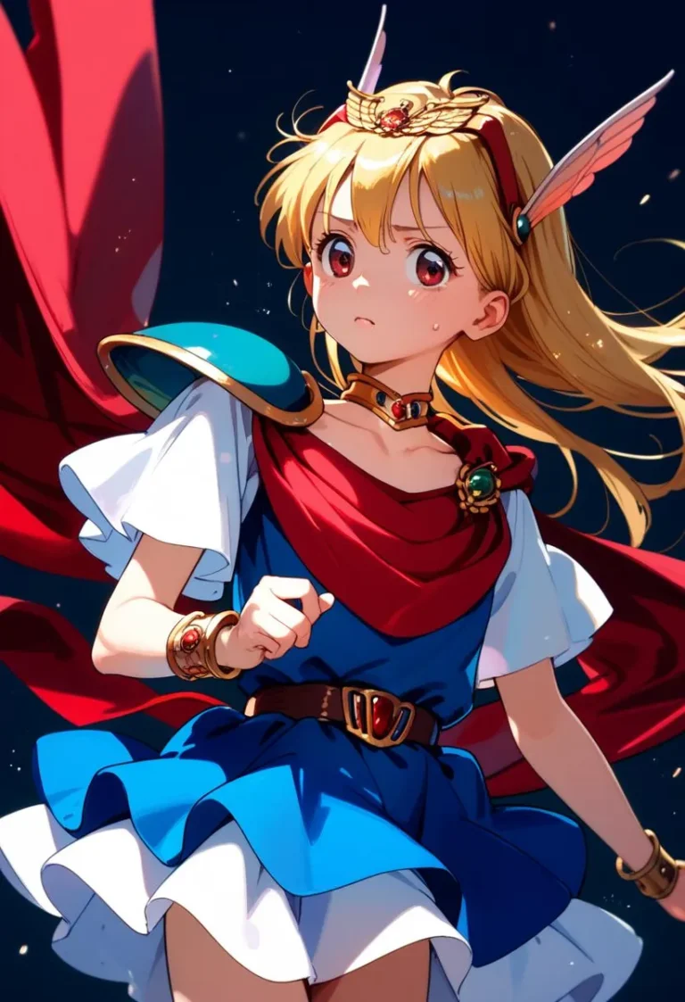 Anime girl with blonde hair, wearing armor and cape, featuring red eyes and detailed jewelry, appears determined under a starry sky.