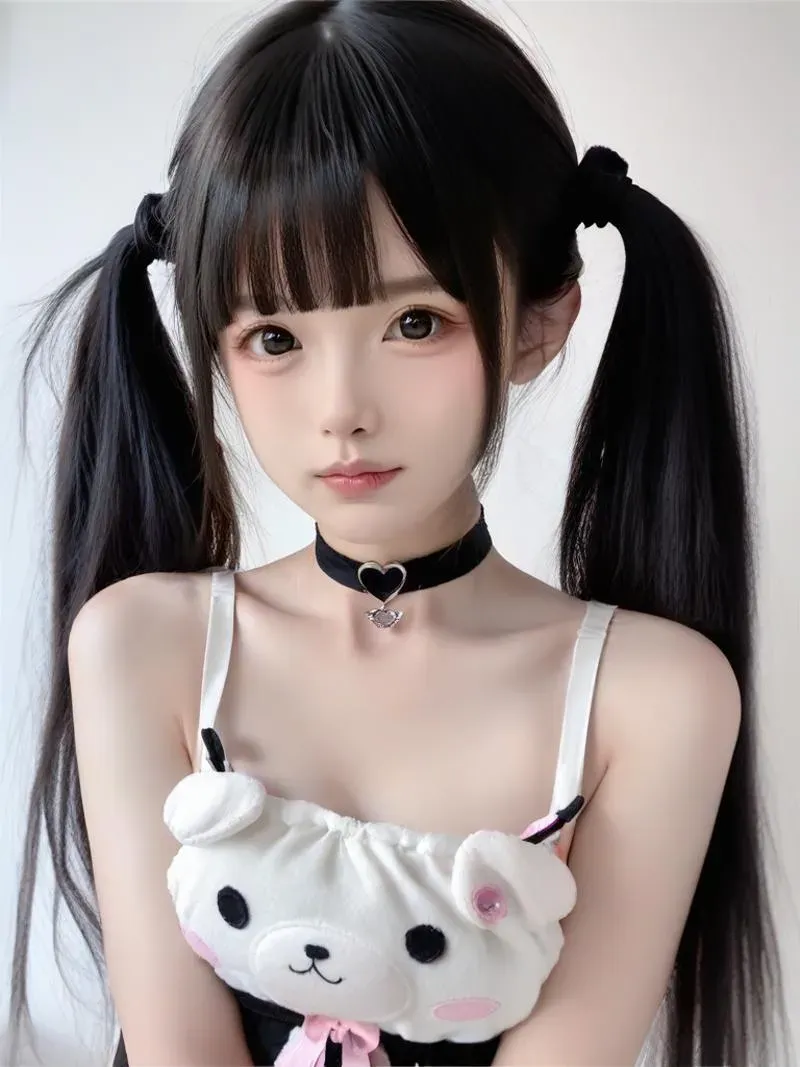 ツインテールで黒髪の女の子がぬいぐるみを持っています。