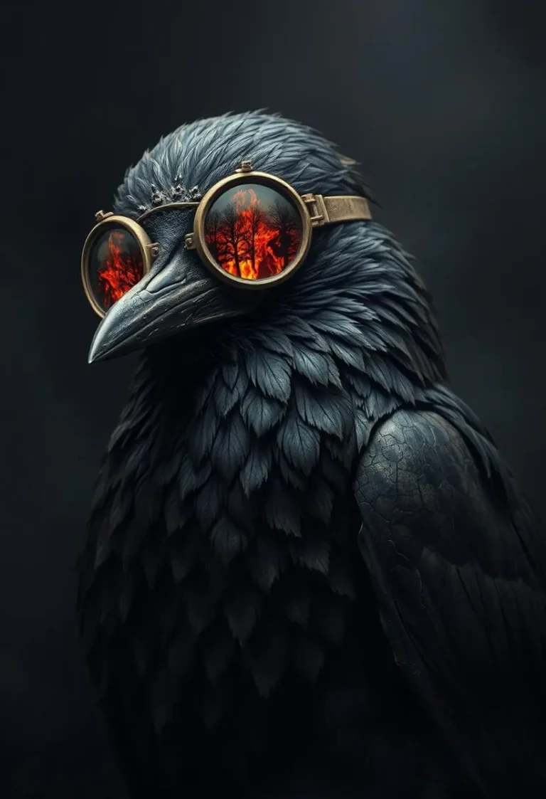 A hyper-realistic image of a crow with charred and fossilized appearance, wearing goggles reflecting a burning treeline on a smoky background.