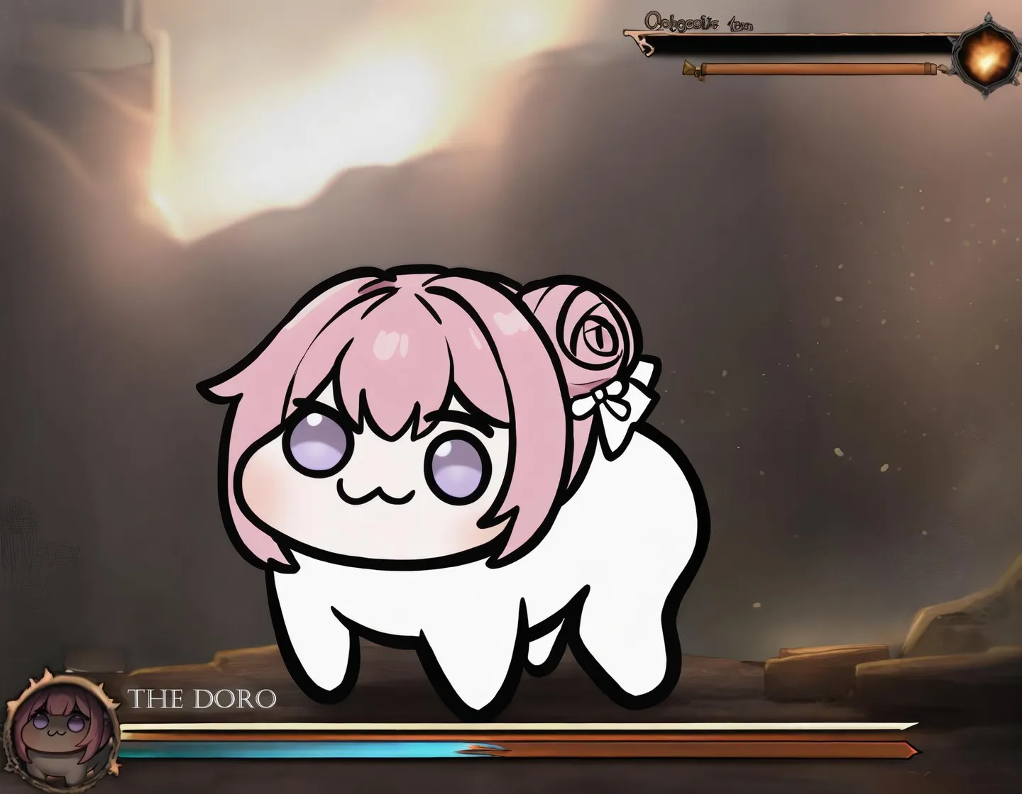 Chibi creature with pink hair and a health bar in a video game interface.