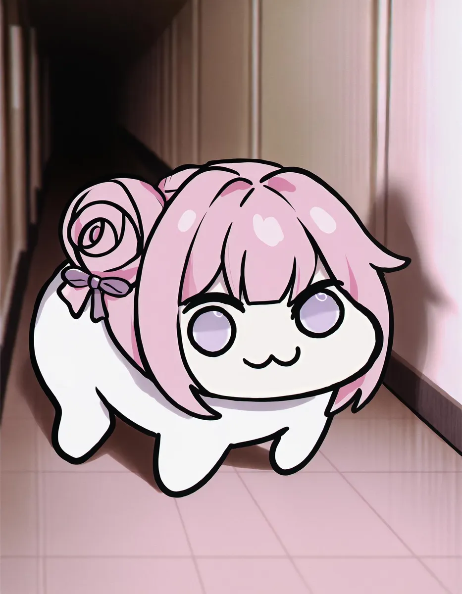 Chibi creature with pink hair and purple eyes, solid circle eyes, standing on all fours in a dimly lit hallway with a horror theme.