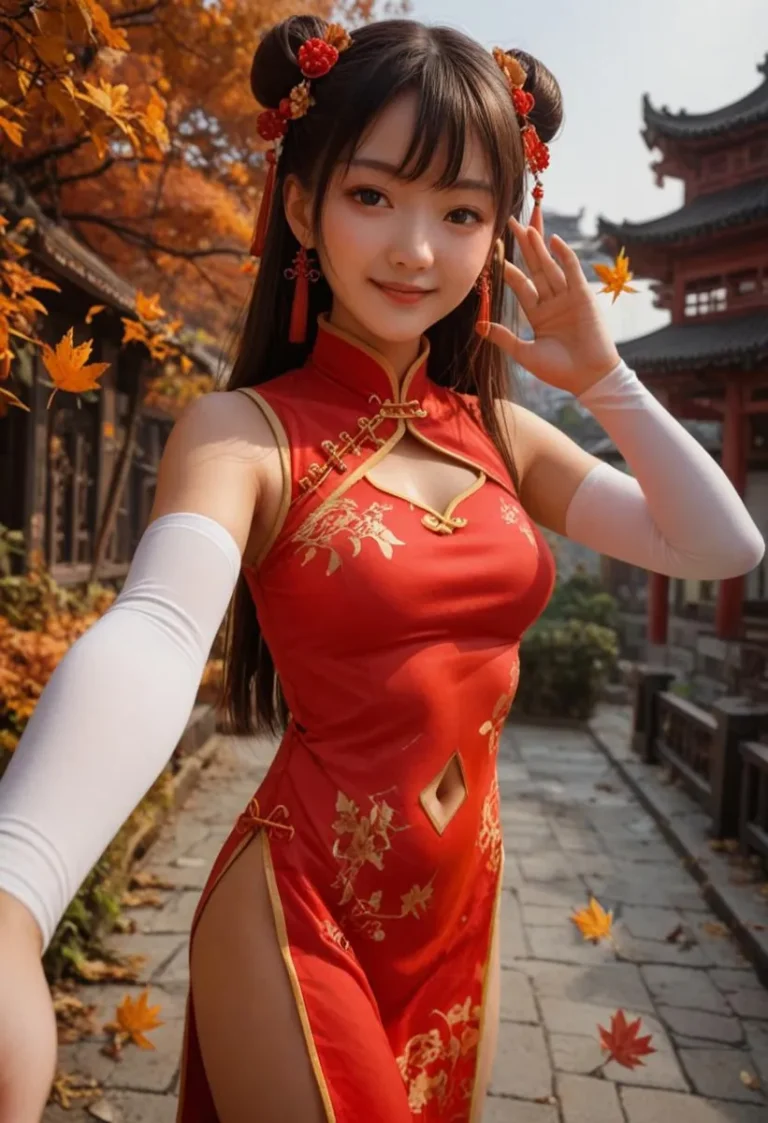 Young Chinese woman in orange dress with autumn leaves.