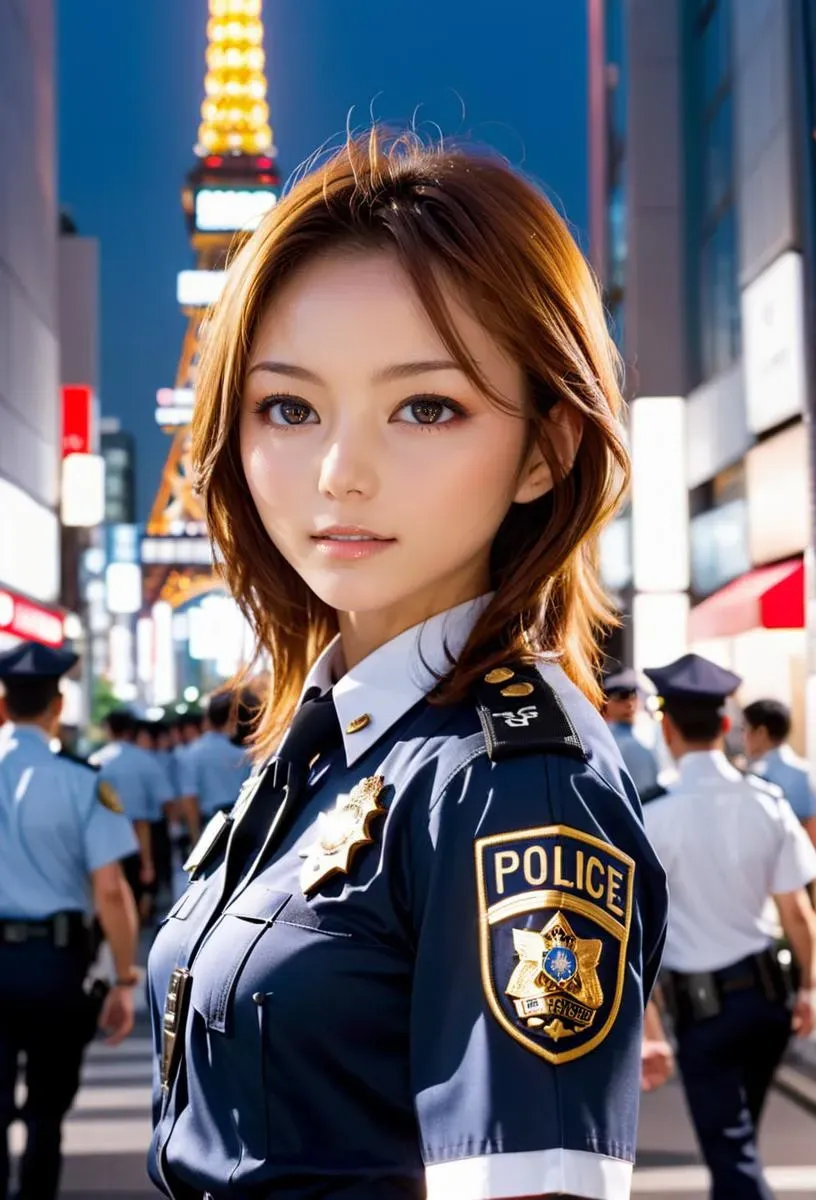 銀座の街で、東京タワーを背景に制服を着た若い警察官。