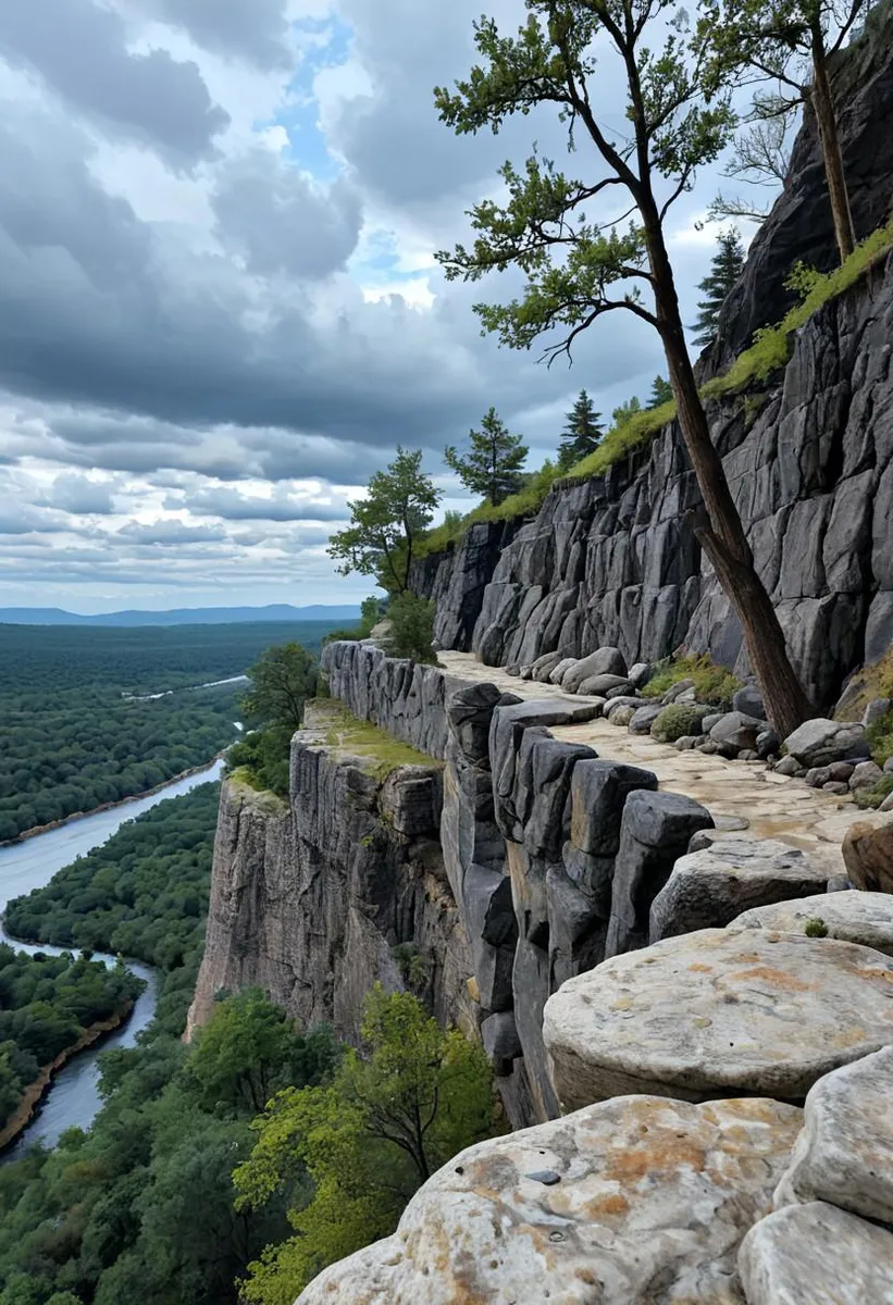 Scenic cliff with trees and a river below, clouds overhead.