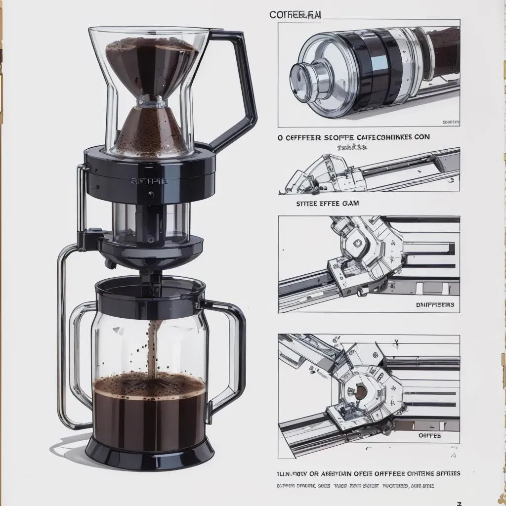 複数のビューと詳細な線画を備えたコーヒーグラインダーの模式図。