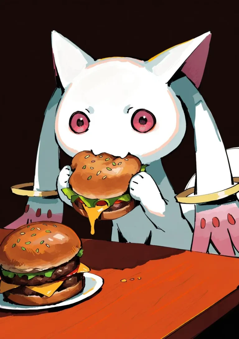 A creature with large eyes eating a burger, using a neon palette and faux traditional media style.