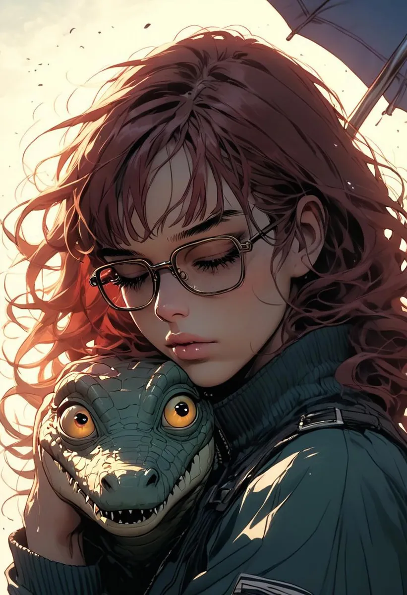 A digital art portrait of a woman in profile with closed eyes, big glasses, embracing a small crocodile against a sunny, rainy background.