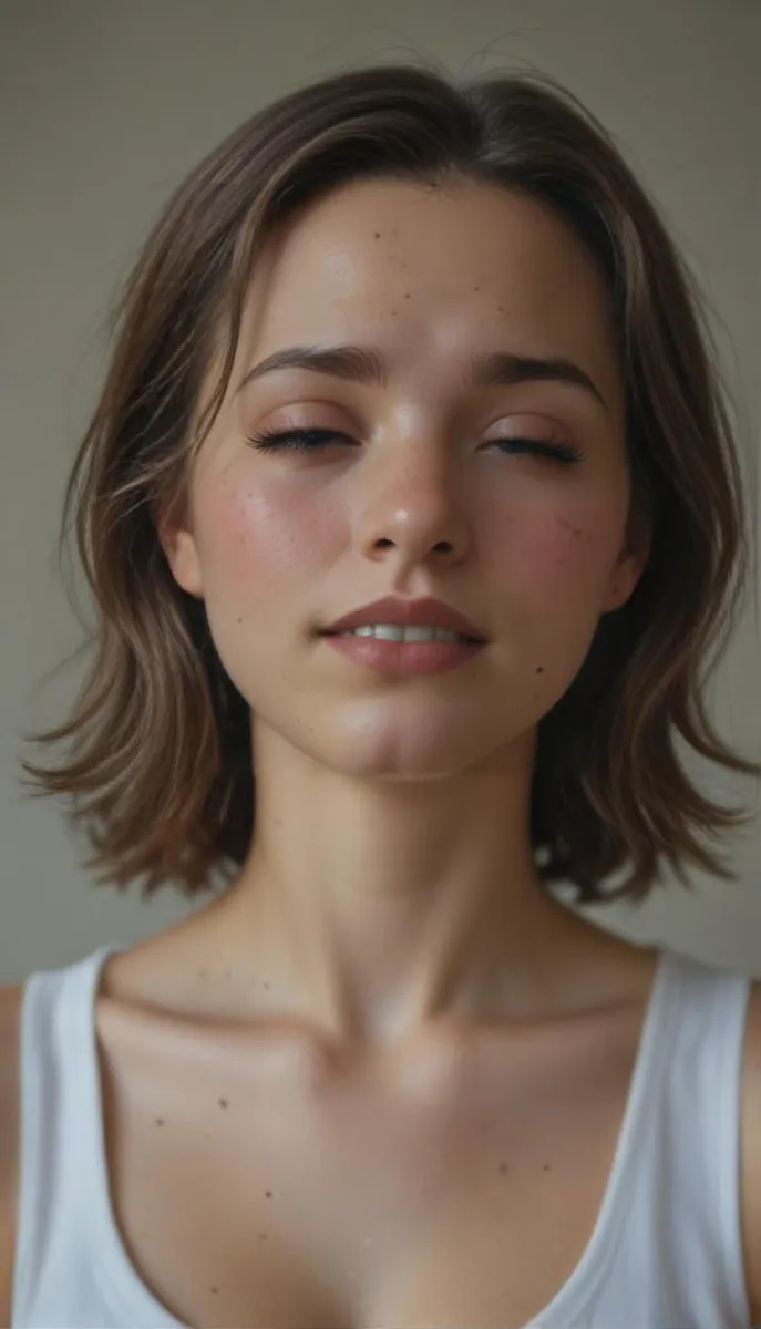 Close-up of a girl with shiny hair and clear skin, eyes closed.