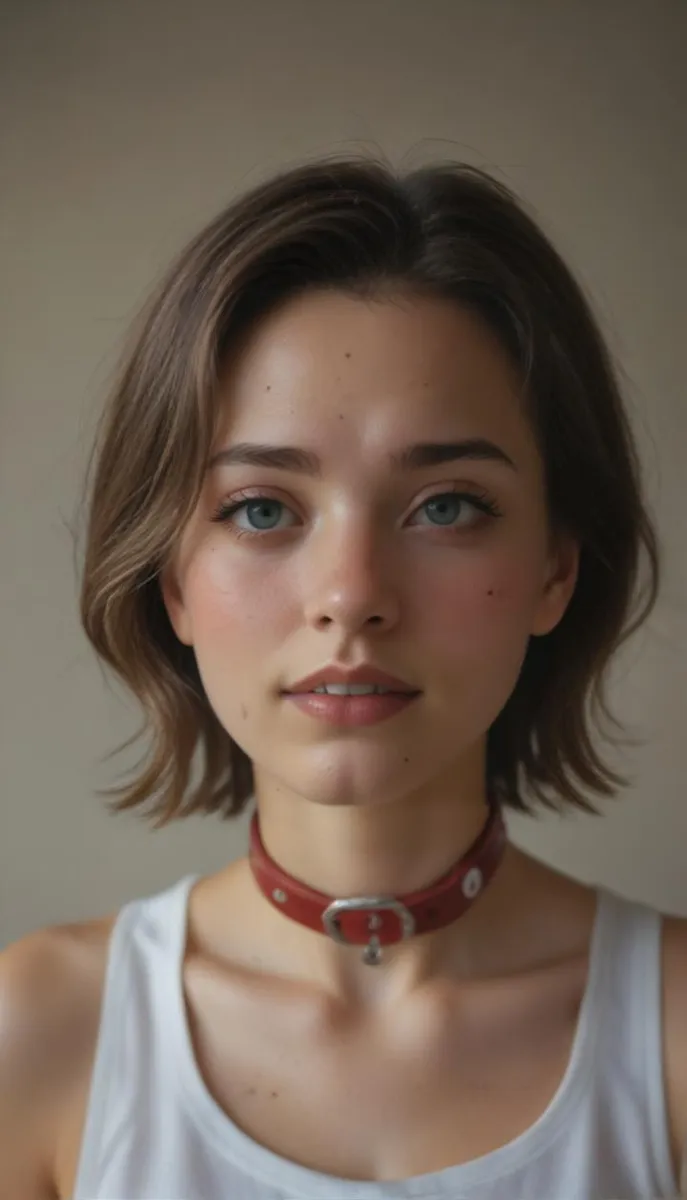 AI-generated image of a girl with a cute face, shiny hair, and detailed eyes, wearing a collar, with a simple background.