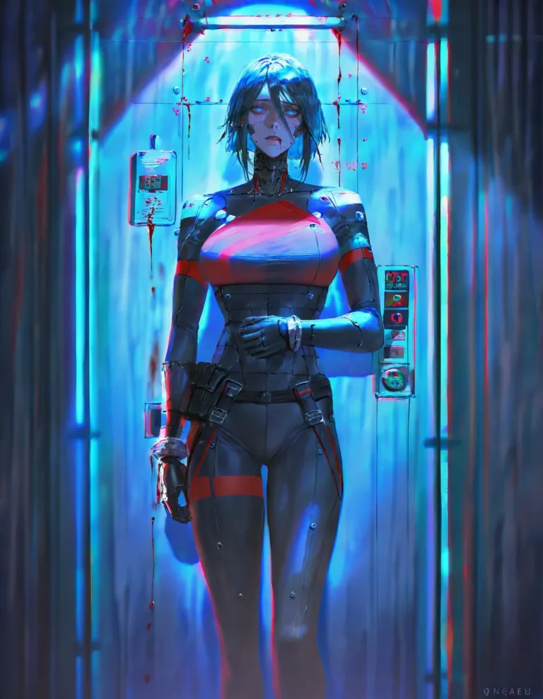 A cyberpunk-themed character with metal skin and blue eyes standing in an elevator, featuring chromatic aberration and film grain effects.