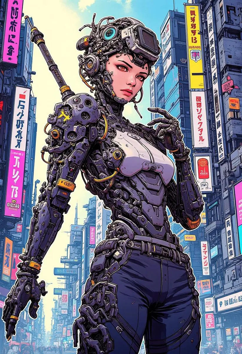 Cyborg female warrior posing in a vibrant cyberpunk city.