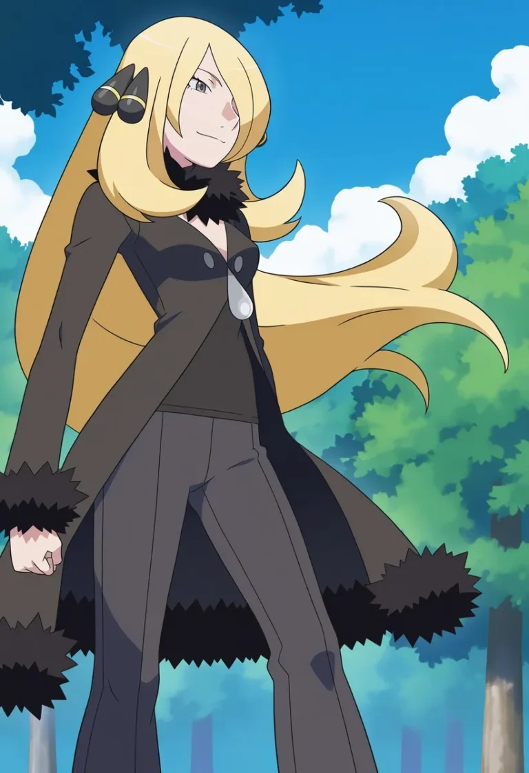 Anime-style illustration of a character with long blonde hair and a black fur-trimmed coat in a forest setting.