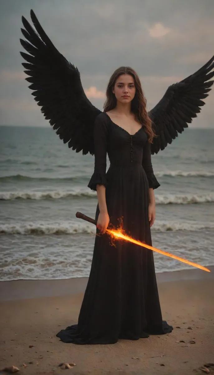 A death angel with black wings and a fiery sword poses on a beach in a gothic dress.