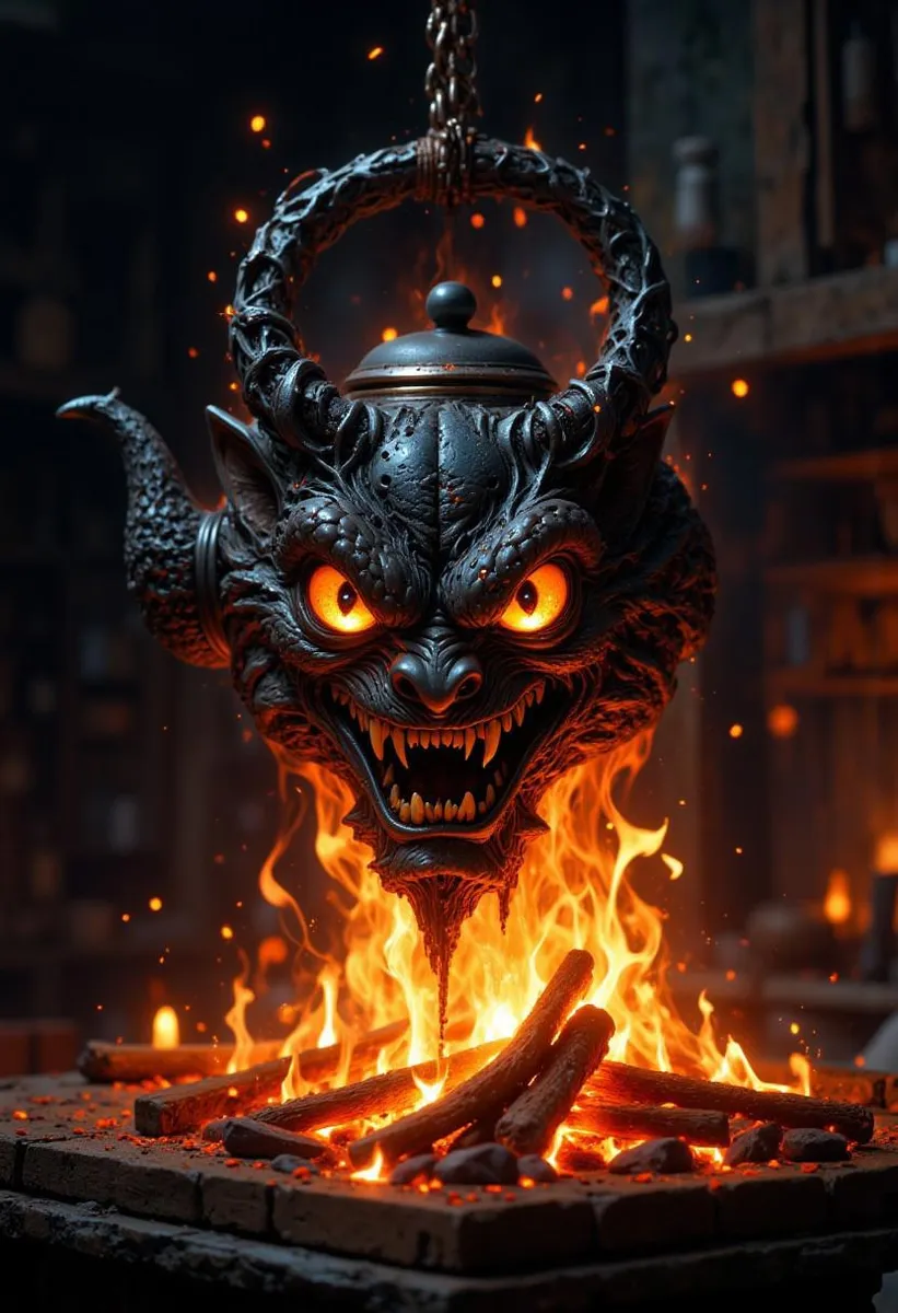 A glowing demon kettle with sinister eyes hanging over a kitchen fire, featuring dramatic lighting and photorealistic detail.