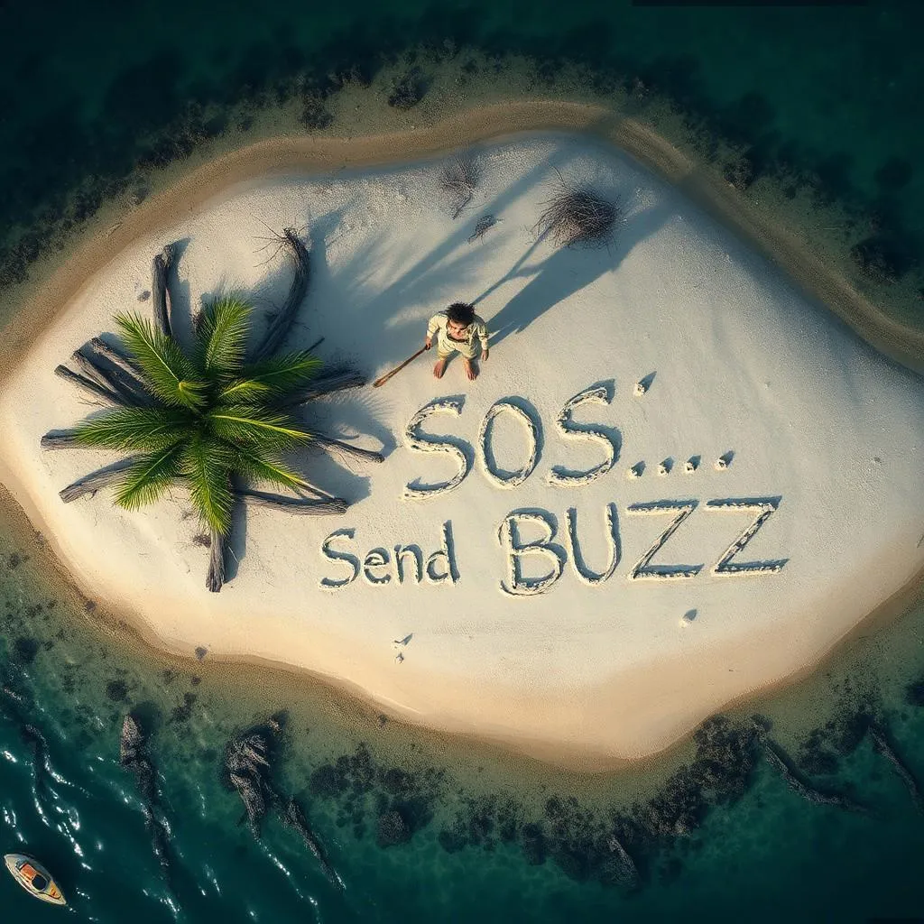 無人島の空撮映像で、遭難者が流木を使って砂に'SOS...Send BUZZ'と書いている様子。