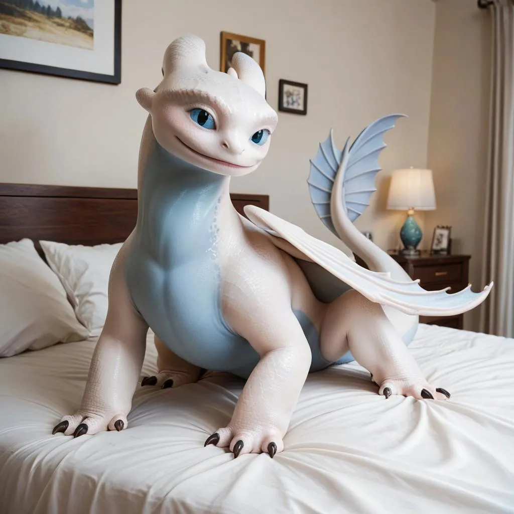 White-scaled dragon with blue eyes on a bed in a cozy bedroom setting.