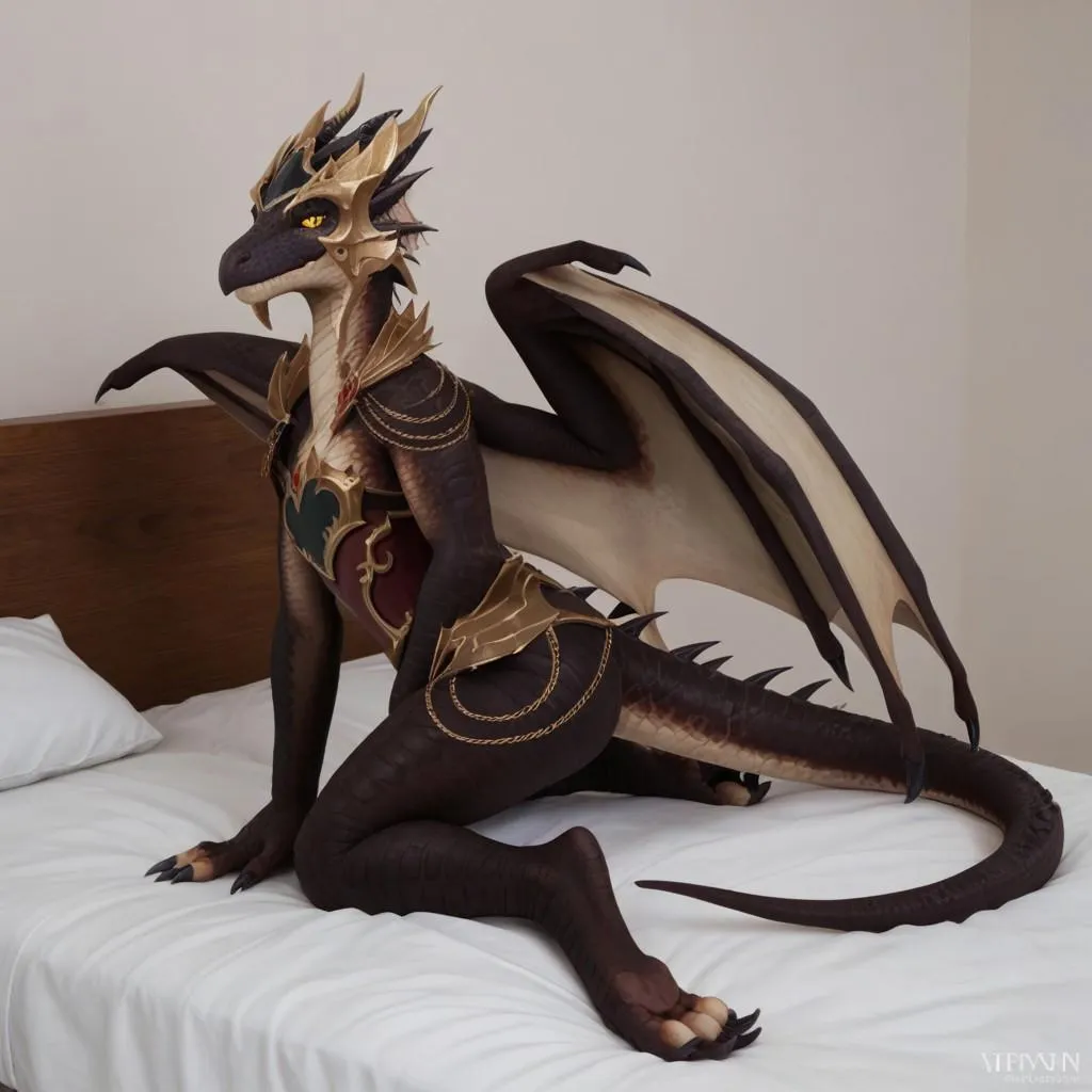 A detailed anthro dragon character posed seductively on a white bed, wearing armor and displaying yellow sclera, black scales, and defined wings.