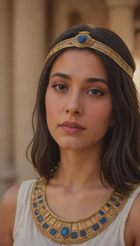 A cute egyptian queen with black bob hair, intricate jewelry, and a golden headdress, captured in a high-quality artistic image.