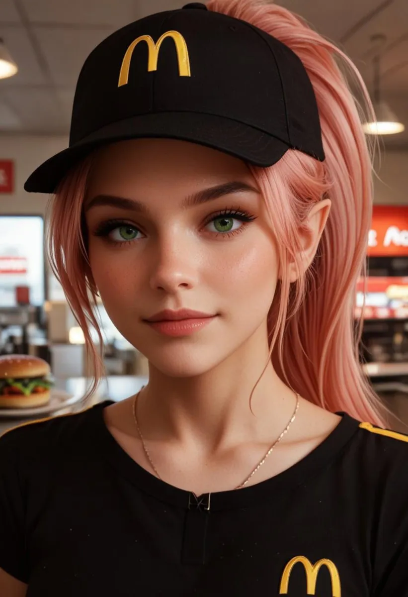 Elf character with green eyes and pink hair wearing a McDonald's uniform, holding a burger.