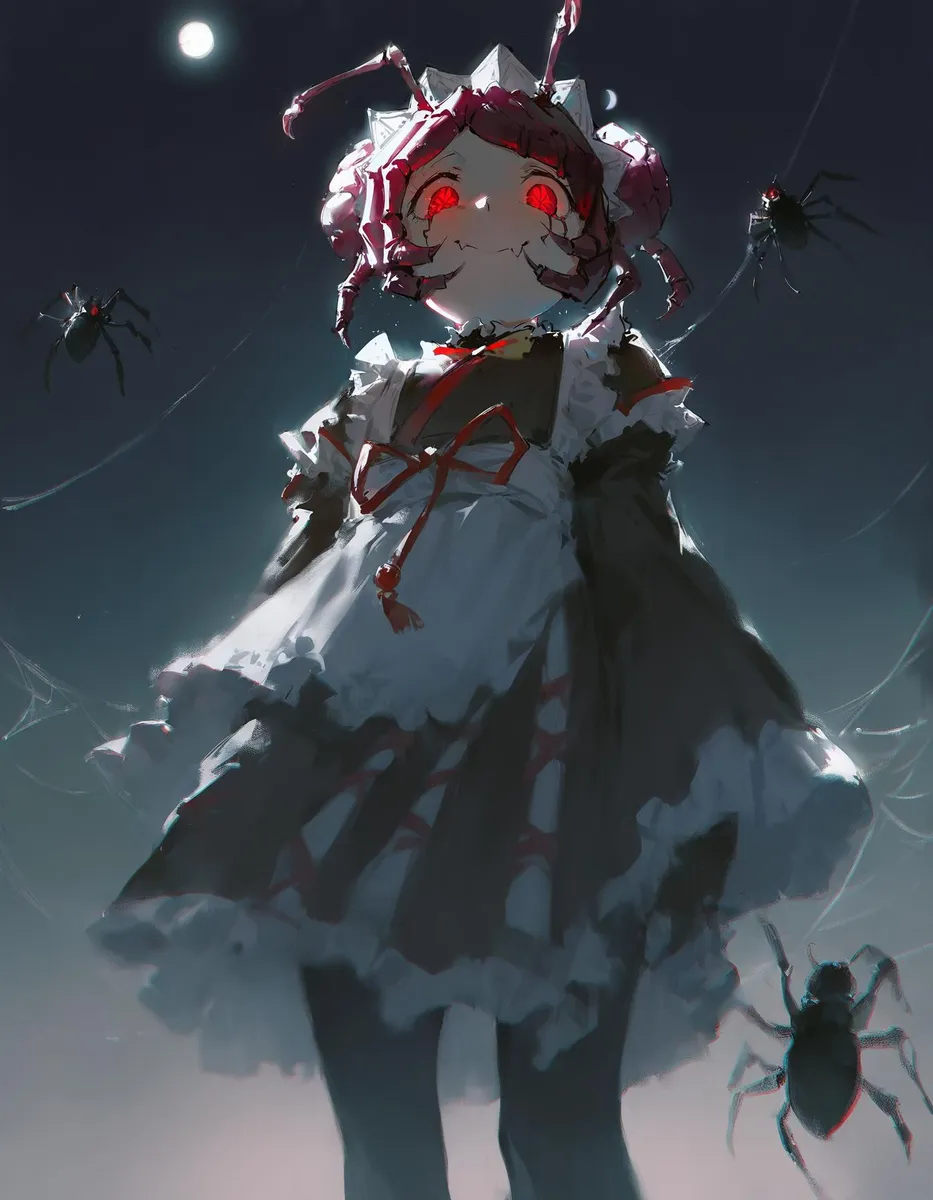 Anime character Entoma Vasilissa Zeta with spider themes, glowing red eyes, surrounded by spiders, in maid outfit under a moonlit sky.