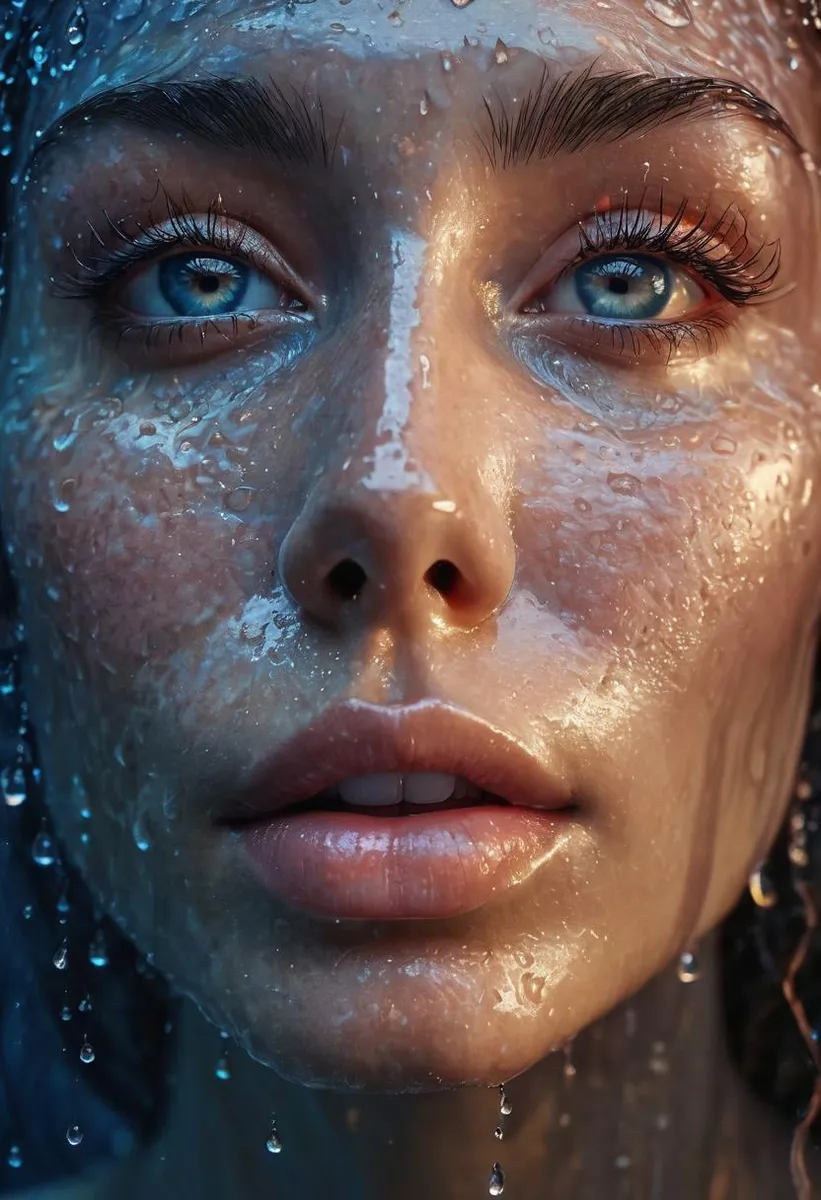 Close-up portrait of a woman with colorful water droplets on her face, creating an ethereal and glowing effect.