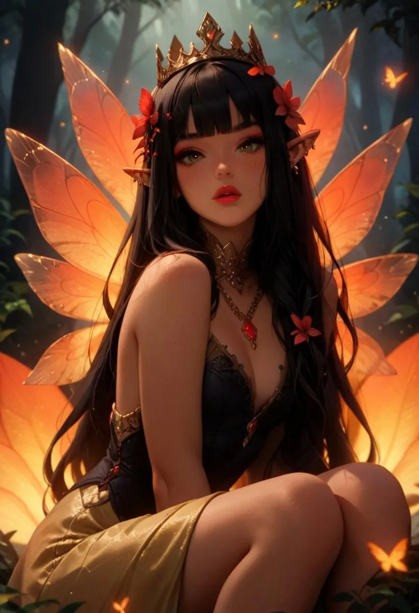 A fairy girl with long black hair and big red butterfly wings, sitting in a night-time, yellow-green forest with glowing fireflies.