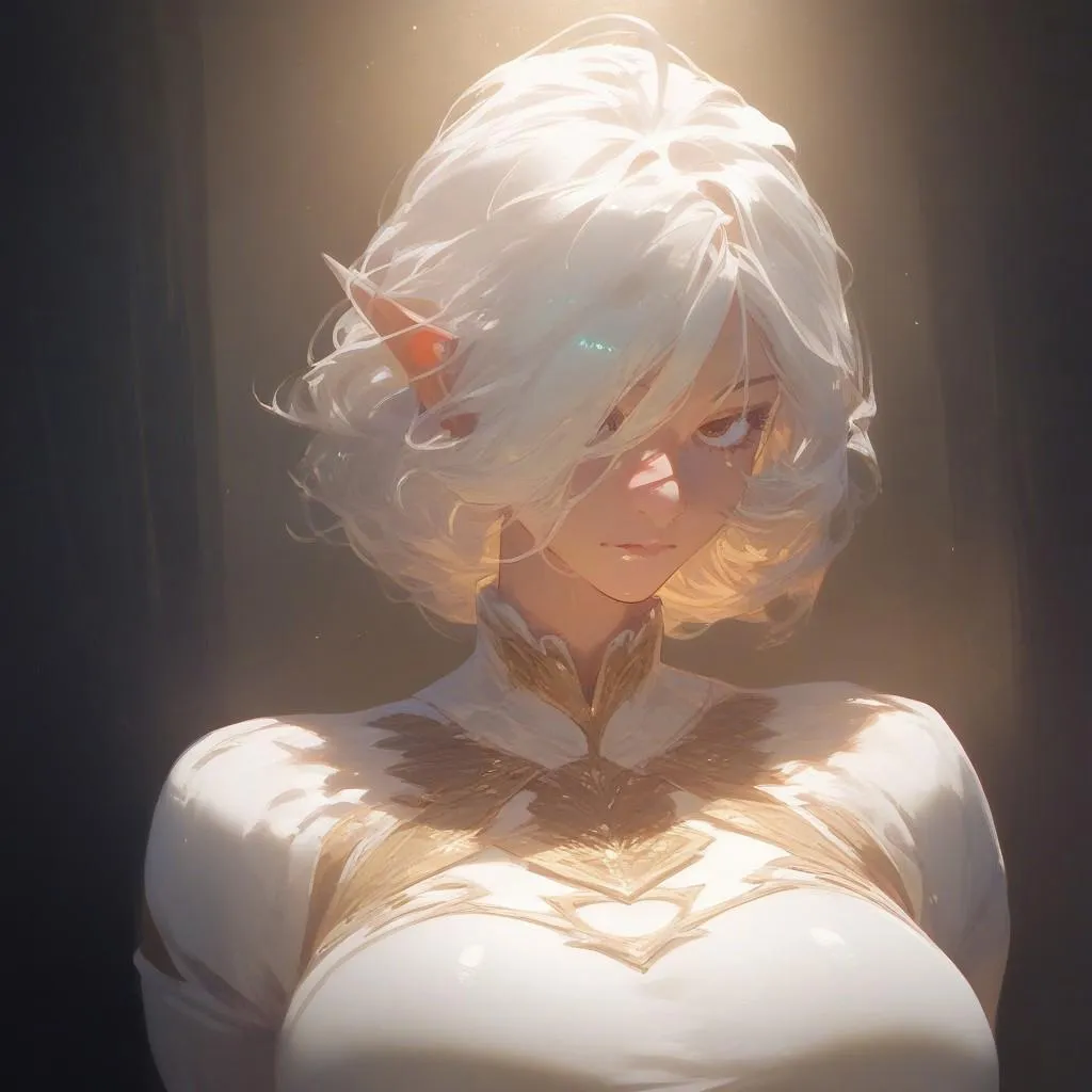 Artistic portrayal of an elf girl indoors with glowing volumetric lighting and large breasts, facing the viewer.