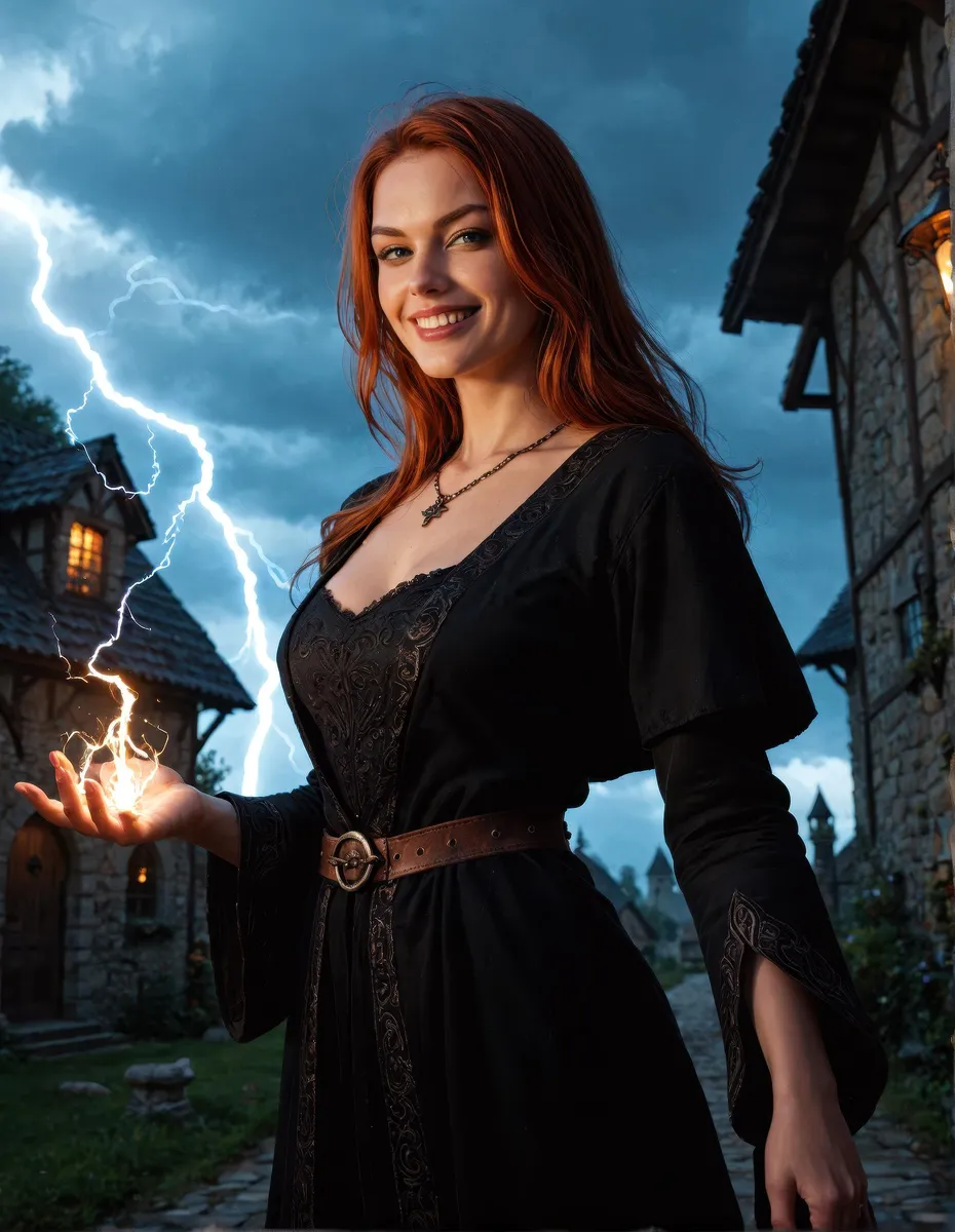 A sorceress with red hair in a medieval setting, holding glowing energy and lightning in the background.