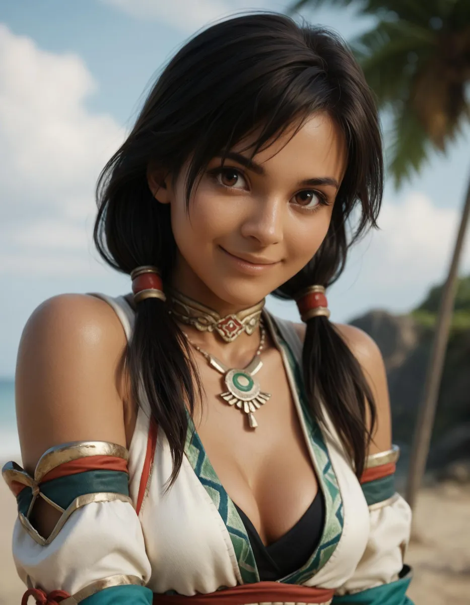 A petite woman with dark skin and black hair in Arabian clothes, set against a tropical background.