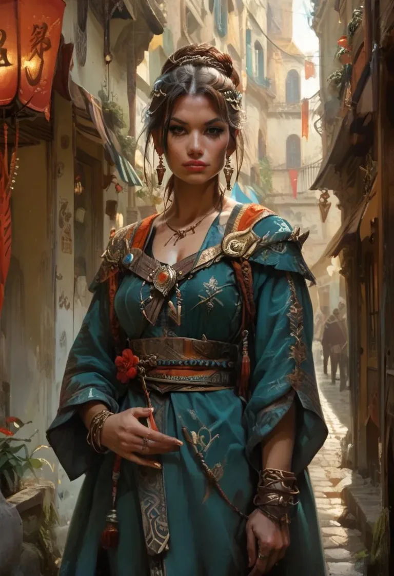 A young woman in fantasy attire stands in a sunlit ancient alley.